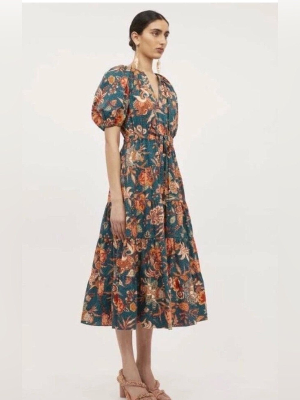 Ulla Johnson Teal Maxi Dress with Orange & Cream Floral Motif
